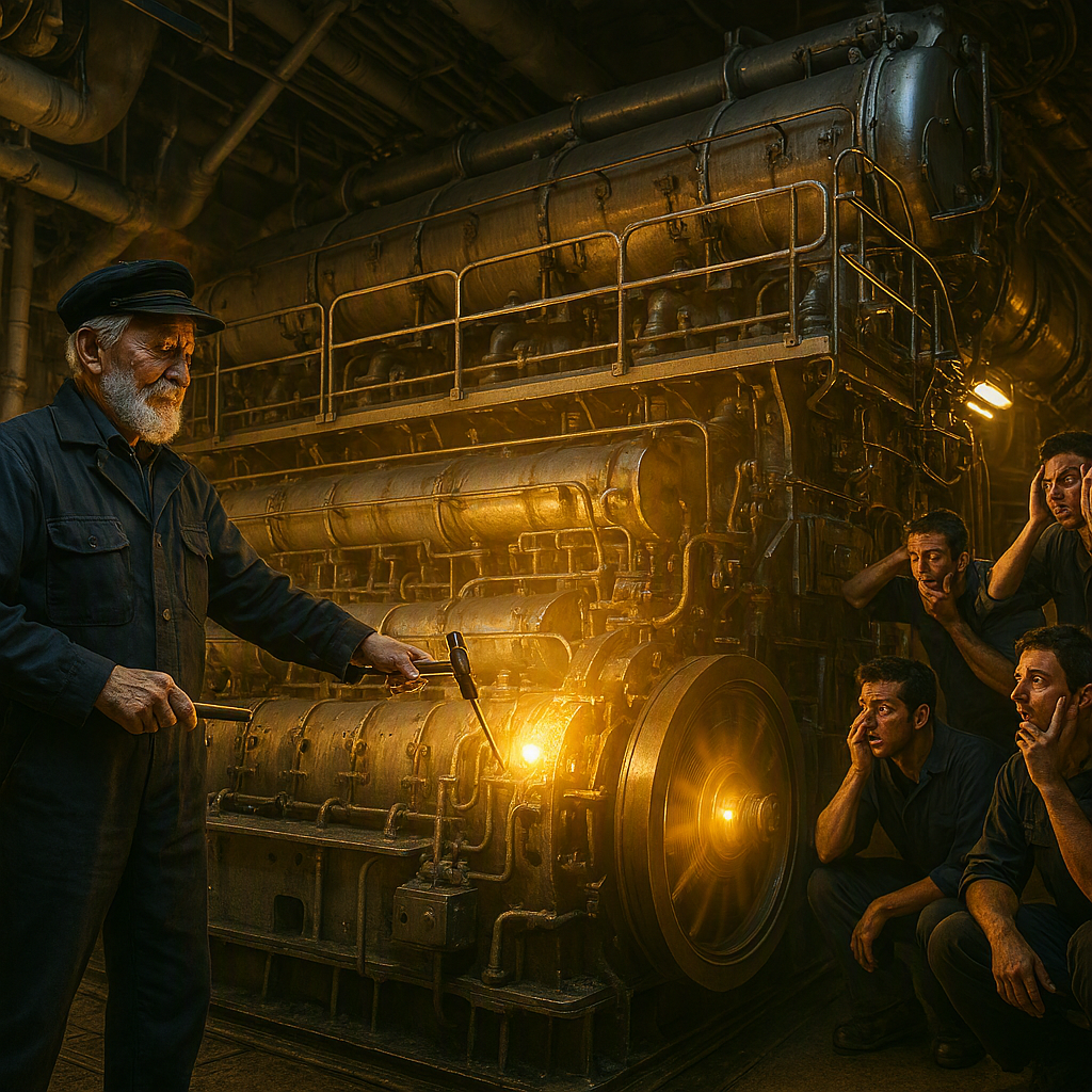 Experience is expensive as illustrated by veteran marine engineer repairing a ship engine