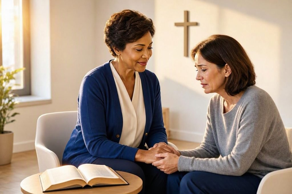 Christian prayer and counselling with an open Bible